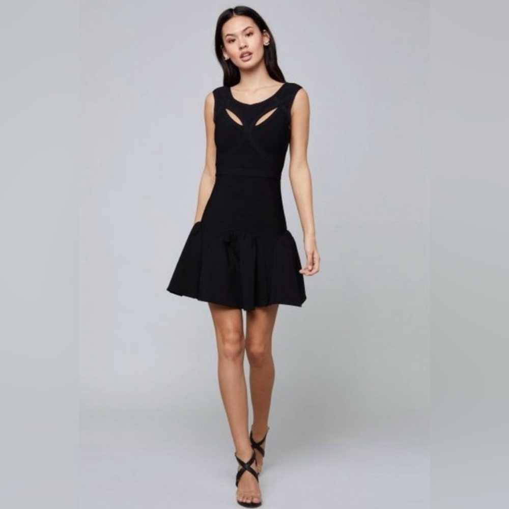 BEBE Anna Goder Bandage Black Sleeveless Cutout Flare Mini Dress Size XS